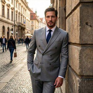 New 2026 Mens 2pc Gray Double Breasted Suit Set, Slim Fit